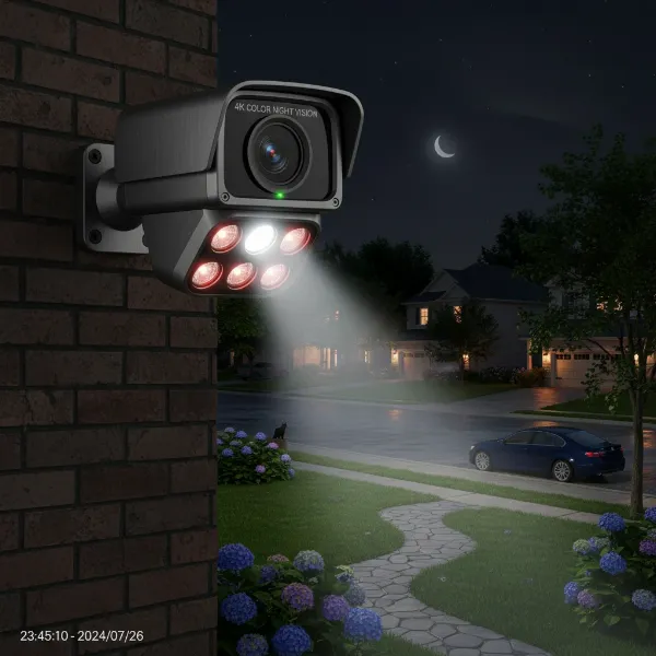 An advanced 4K security camera with enhanced low-light performance capturing a clear, full-color image at night.