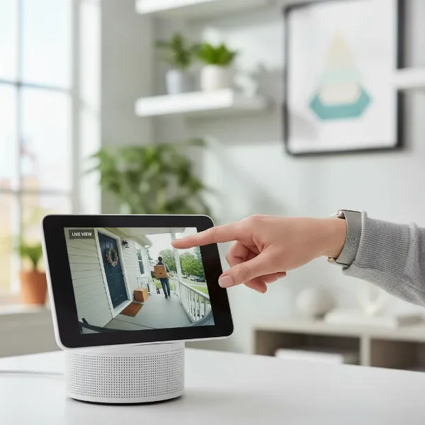 A person interacting with an Amazon Echo Show, displaying a security camera feed and demonstrating voice commands.