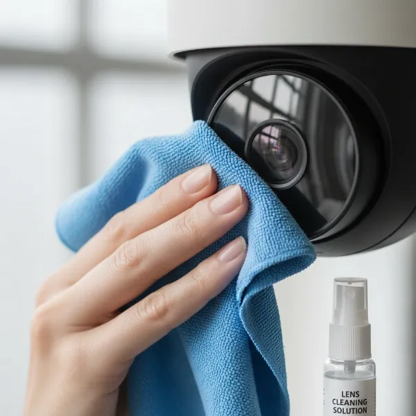 A person gently cleaning a security camera lens with a microfiber cloth and lens cleaning solution, emphasizing scratch-free technique