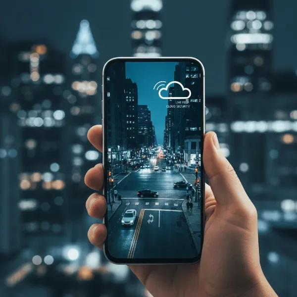 A smartphone displaying live security camera footage, with a cloud icon, symbolizing remote cloud access.
