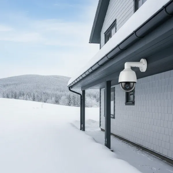 An outdoor security camera mounted securely under a protective eave, with snow and ice on the ground