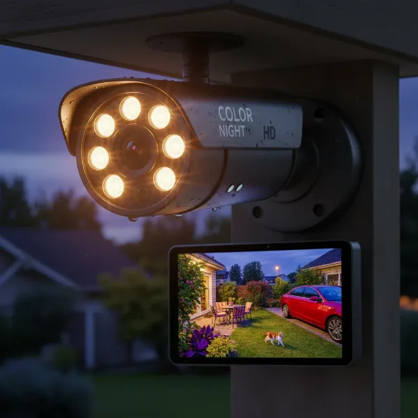 Color night vision camera capturing vivid, full-color images in low ambient light conditions.