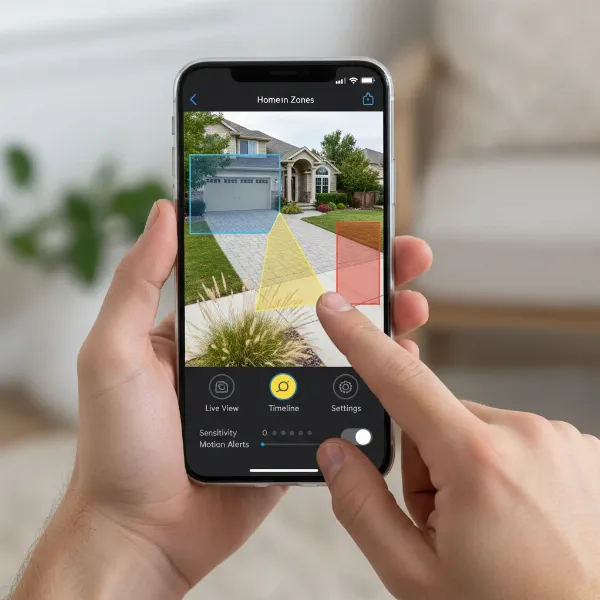 Smartphone screen displaying a security camera app interface for configuring motion detection zones.