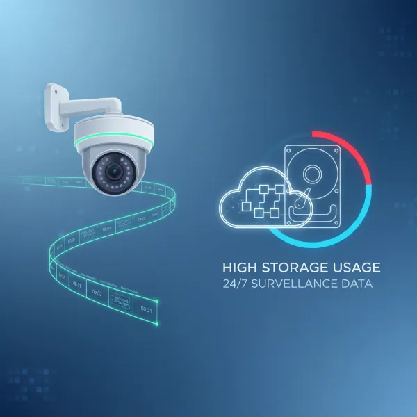 A graphic illustrating continuous 24/7 security camera recording with a timeline and large storage consumption.