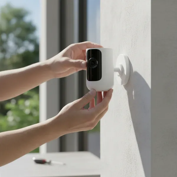 A person installing a Cync Outdoor Smart Camera on a wall, emphasizing the easy, wire-free setup process with basic tools.