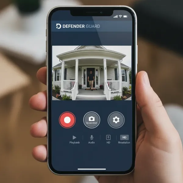 mobile screen displaying defender guard app live video feed and controls