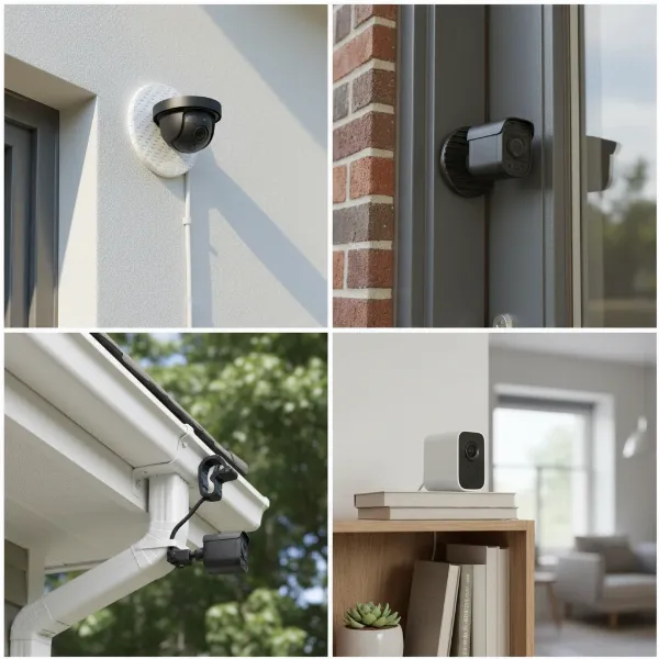 Various drill-free security camera installation methods demonstrated on different surfaces