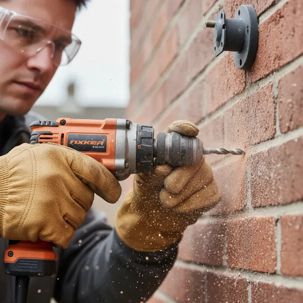 Person drilling a pilot hole into a brick wall for a security camera installation.