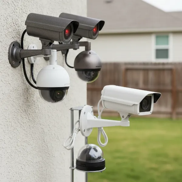 Diverse dummy security cameras, realistic housing, blinking LED, fake wires, modern designs.