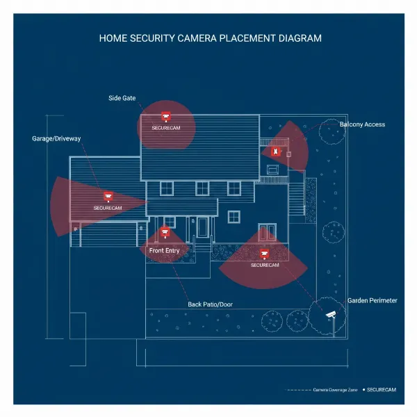 A diagram showing strategic camera placement around a house covering all entry points and blind spots.