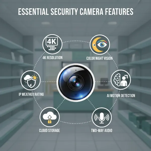 A visual representation of key security camera features like high resolution, night vision, and motion detection icons on a screen.