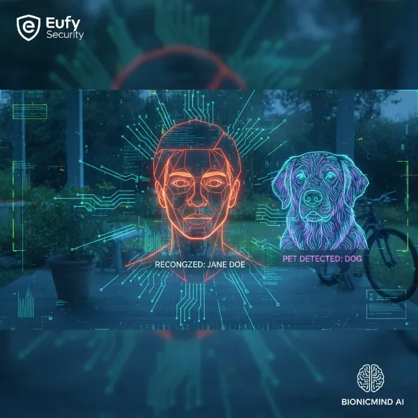 A visual representation of EufyCam 3's BionicMind AI in action, showing facial recognition and object detection overlays on a security camera feed.
