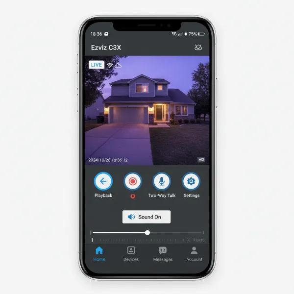 Screenshot of the Ezviz mobile app displaying live camera feed, controls, and navigation options.