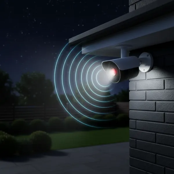 Ezviz C3X camera activating its loud siren and bright strobe light to deter an intruder at night.