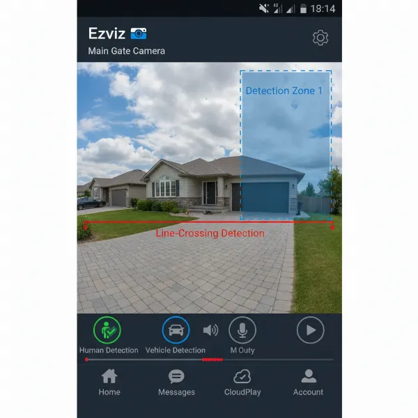 Ezviz C3X app interface showing customizable detection zones and line-crossing boundaries for smart alerts.