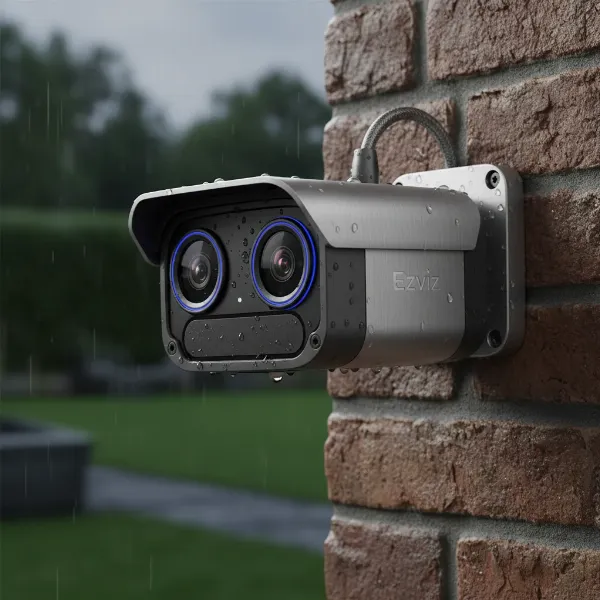 Ezviz C3X dual-lens outdoor security camera with its robust design, positioned for surveillance.