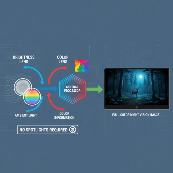 Conceptual diagram illustrating how Ezviz C3X dual lenses combine brightness and color data for night vision.