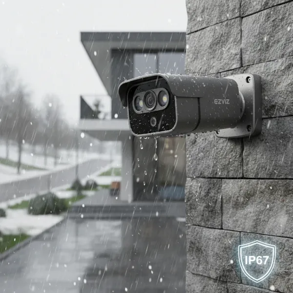 Ezviz C3X outdoor camera mounted securely, enduring rain or harsh weather conditions, highlighting its IP67 rating.