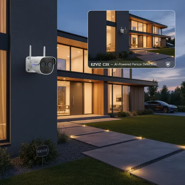 Ezviz C3X camera providing comprehensive security for a modern home or small business at night.