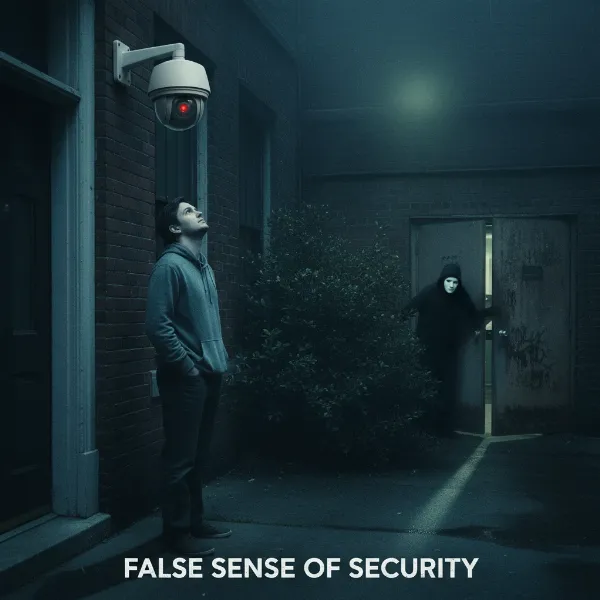 A person looking relieved at a fake security camera while a burglar enters unnoticed from another angle.