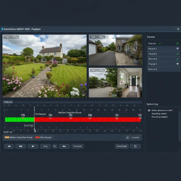 HeimVision NVR interface displaying motion detection events on a video timeline for playback.