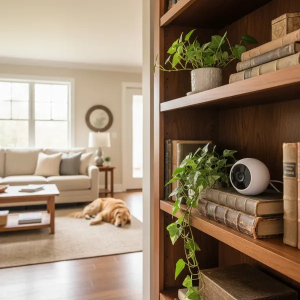 A discreet Merkury smart camera monitoring a cozy home interior.