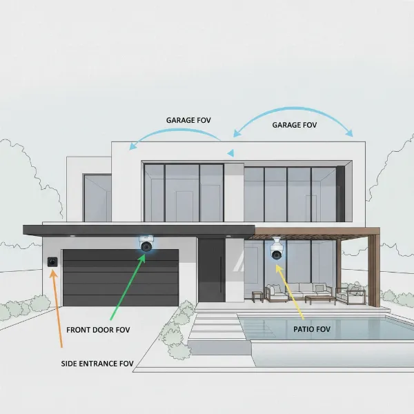 A home with multiple security cameras strategically placed at entry points and vulnerable areas, illustrating effective surveillance coverage.