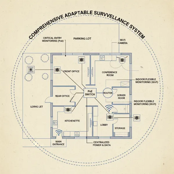 Hybrid security camera system integrating both wired PoE and wireless Wi-Fi cameras for comprehensive property coverage.