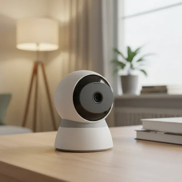 An indoor security camera with a physical privacy shutter covering its lens, emphasizing home privacy.