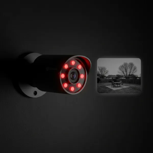 Infrared security camera captures black and white footage in total darkness using invisible IR LEDs.