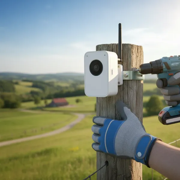 A person installing a compact, battery-powered 4G LTE security camera on a wooden fence post.
