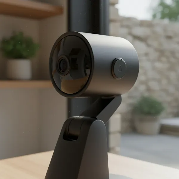 Logitech Circle View camera showcasing its sleek design, weatherproofing, and physical privacy button for enhanced security and versatility.