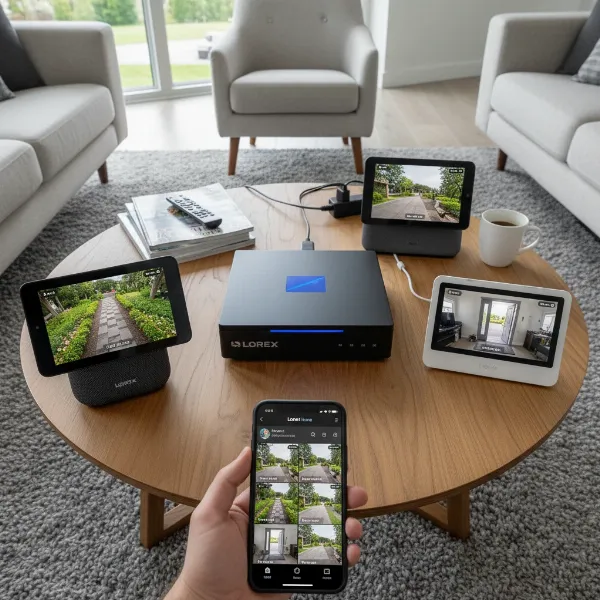 A Lorex Fusion 4K NVR connected to various smart home devices like an Amazon Echo Show and a Google Home Hub, displaying live camera feeds. 