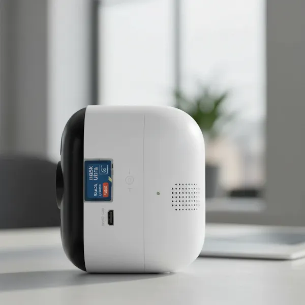 Close-up of a Merkury camera showing its microSD card slot for local storage.