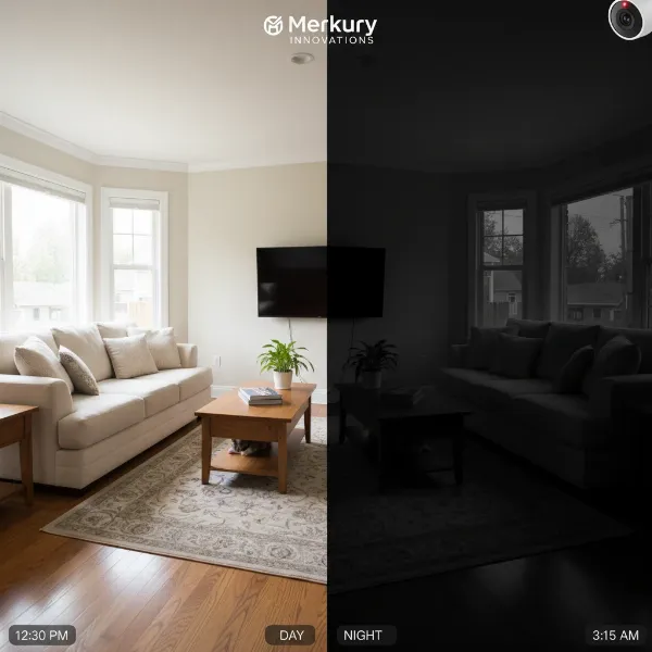 Clear black-and-white night vision footage from a Merkury smart camera.