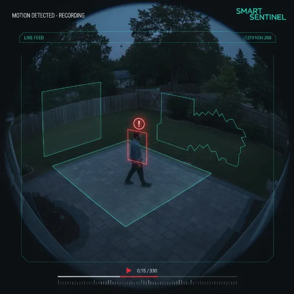 An image showing a security camera with motion detection zones highlighted, detecting a person in the frame.