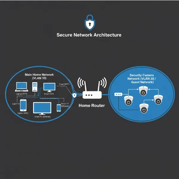 A diagram showing security cameras isolated on a separate network segment or VLAN for enhanced security.