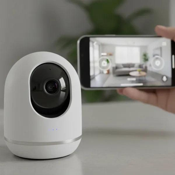 A close-up of the Nooie 360 Cam 2 showcasing its lens, pan-tilt base, and discreet design, with a smartphone displaying the live feed in the background.