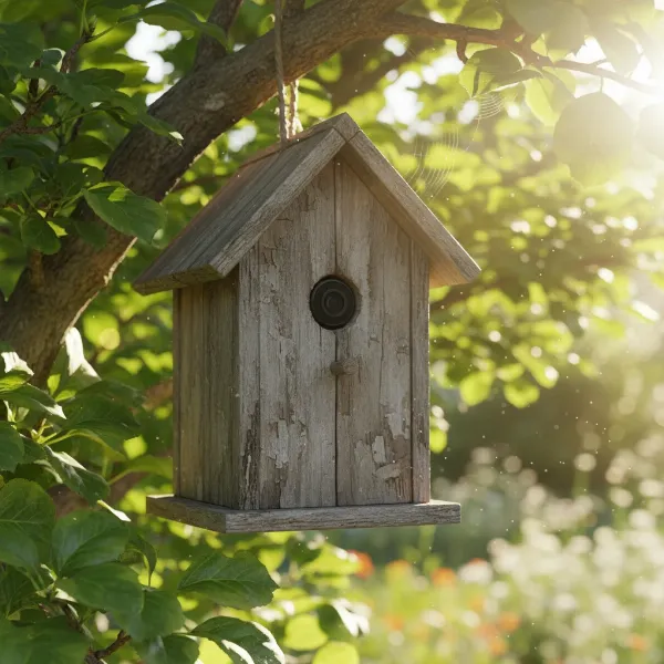 A small security camera discreetly placed inside a rustic wooden birdhouse, blending into a garden environment with green foliage
