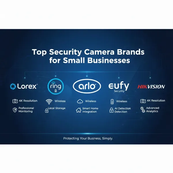A graphic showing logos of popular security camera brands like Lorex, Ring, Arlo, Eufy, and Hikvision, with icons representing their key features.