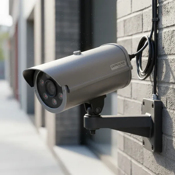 Close-up of a highly realistic dummy security camera with visible cables, IR lights, and professional casing.