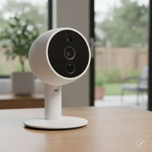 Ring Stick Up Cam Battery, white cylindrical design, black lens, flexible stand, indoor outdoor security