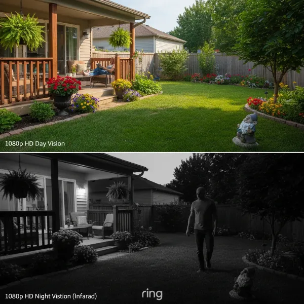 Ring Stick Up Cam Battery 1080p HD video clarity day and night vision, outdoor scene