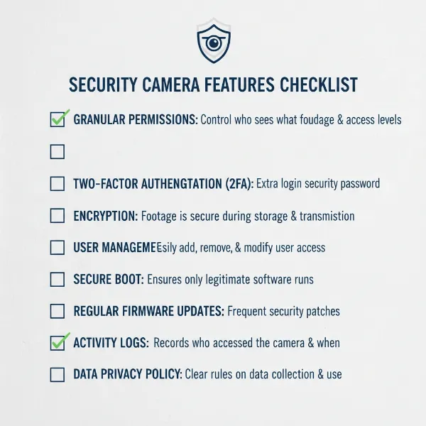 A checklist of important security features to look for in a security camera system for safe sharing.