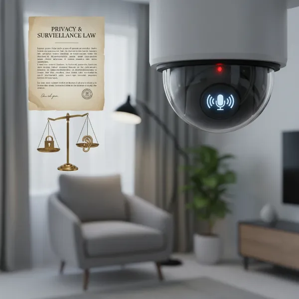 Security camera recording audio in a setting with privacy concerns, illustrating legal implications