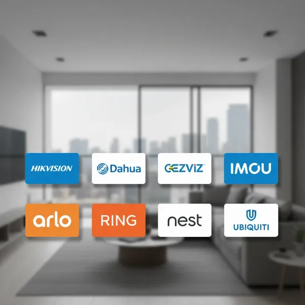 A collage featuring logos of popular security camera brands known for their motion detection capabilities, such as Hikvision, Dahua, Ezviz, Imou, Arlo, Ring, Nest, and Ubiquiti.