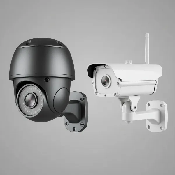 A close-up of a security camera with a durable, metallic finish next to a cheap, plastic-looking fake camera.