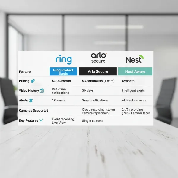 A detailed comparison table showing features and costs of Ring, Arlo, and Nest cloud storage plans