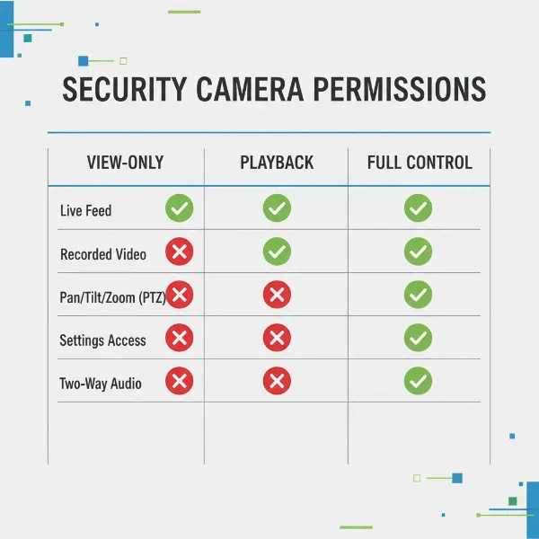 A chart illustrating different security camera access permissions for family members.