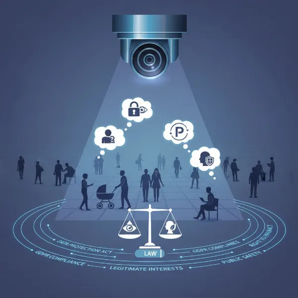 An illustration representing privacy laws and security camera footage, emphasizing ethical considerations.